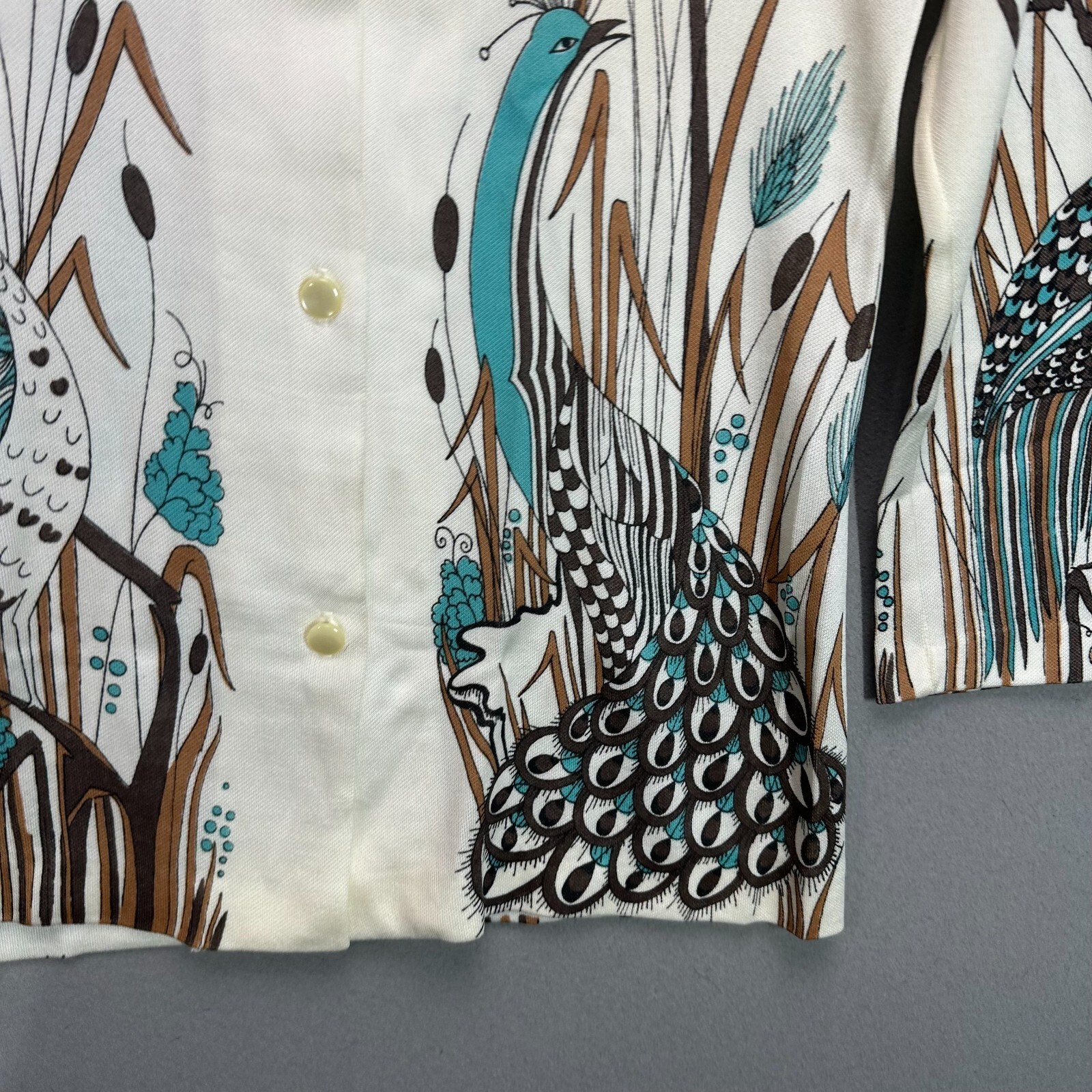 Vintage 70s Disco Shirt Womens M Polyester Peacock Feathers Teal Fall Holiday