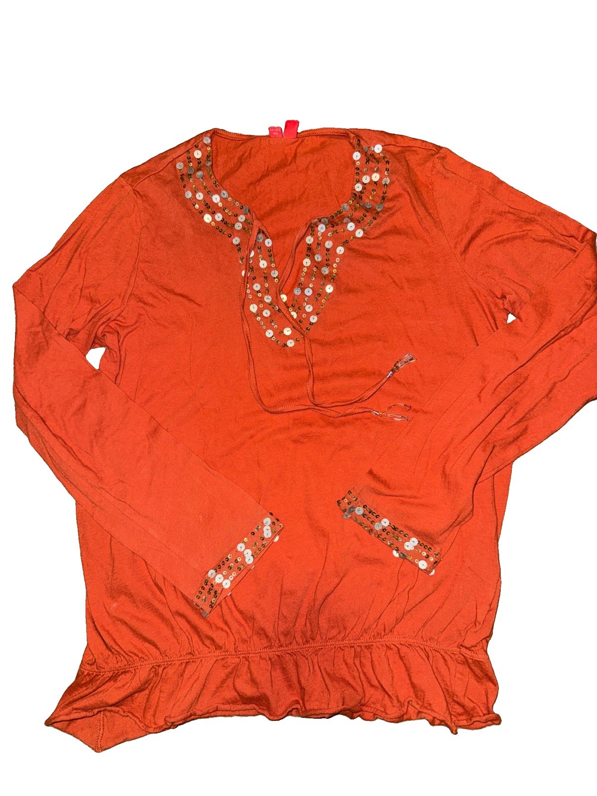 Esprit Vintage Shirt Boho Beaded Tassels Rust Cotton Long Sleeve Ruffle Bottom