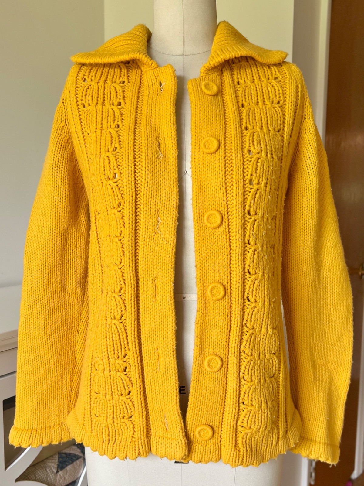 Vintage Hand Knit Mustard Yellow Button Up Sweater Chunky Cardigan