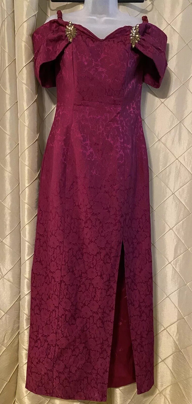 Burgundy Wine Brocade Elegant Formal Off Shoulder Vintage Dress Small