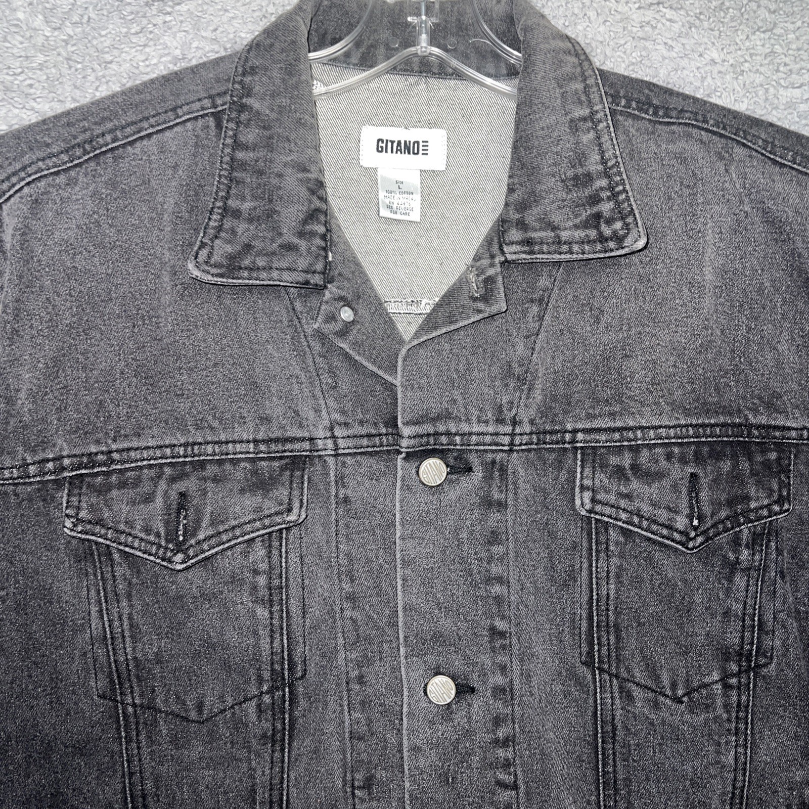 VTG Gitano Denim Jacket Women’s Sz L Black Light Wash Button Front Trucker 80s