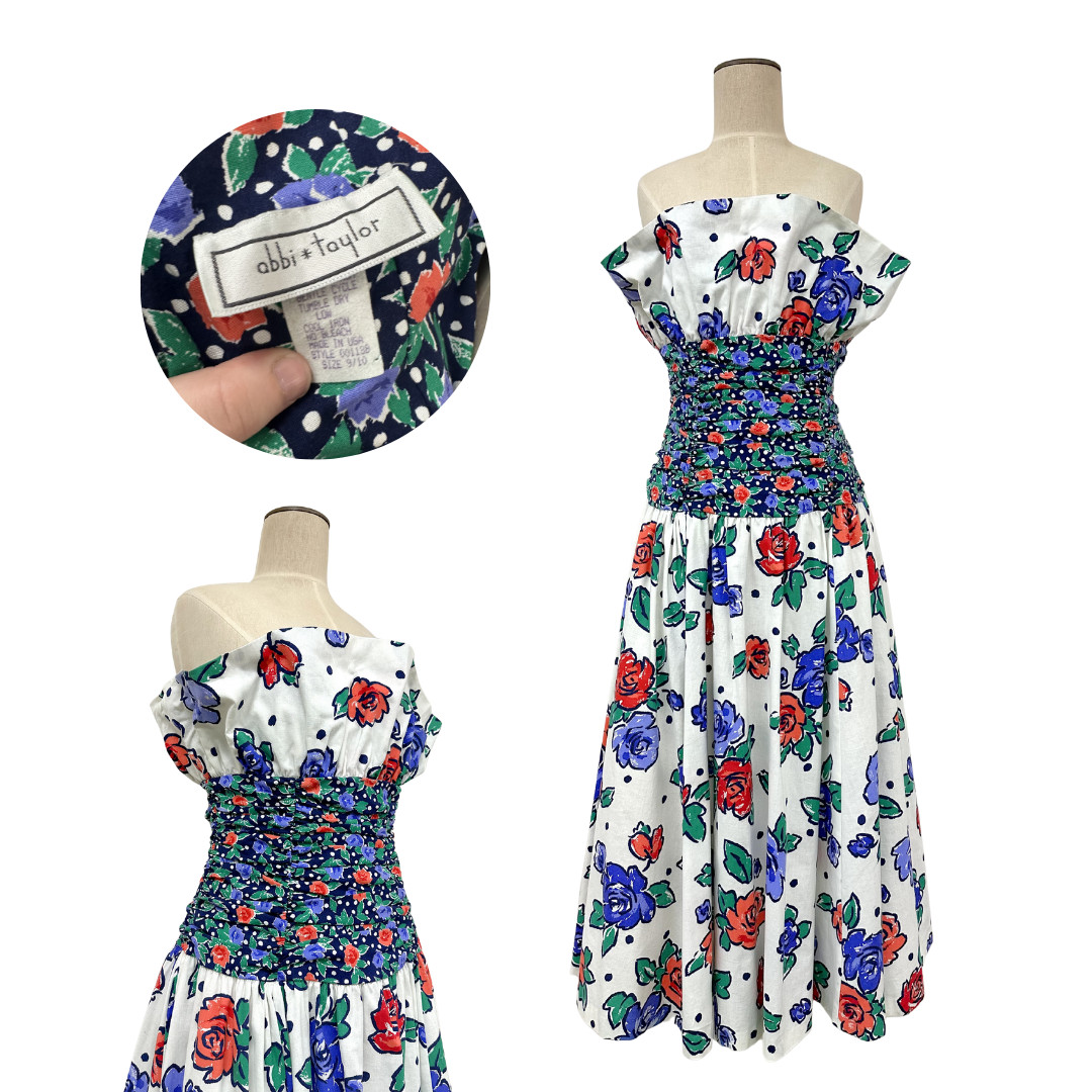 Vintage 1980s Abbi Taylor Polka Dot Floral Garden Party Ruffle Dress