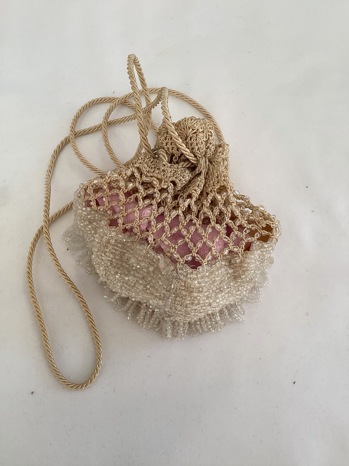 Antique Edwardian Silk Crêpe And Crochet White Glass Beads Reticule Evening Bag