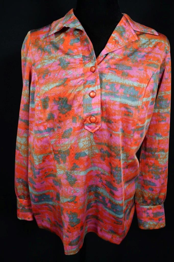 Vintage 1970’s Colorful Orange, Green And Pink Poly Knit Print Blouse Size Large