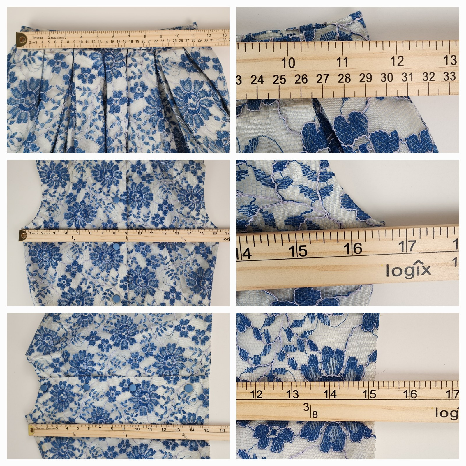 Vintage 1960s Blue White Lace Dress Set Lois Casper Pleated Skirt Button Back XS