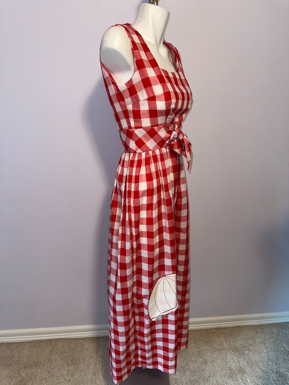 Vintage 70s Red Gingham Maxi Dress Concept Swirl Umbrella Applique Picnic 10