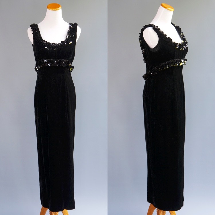 VTG 50s Black Silk Rayon Velvet 2p Set Dress Hand Quilted Pucker Opera Coat S