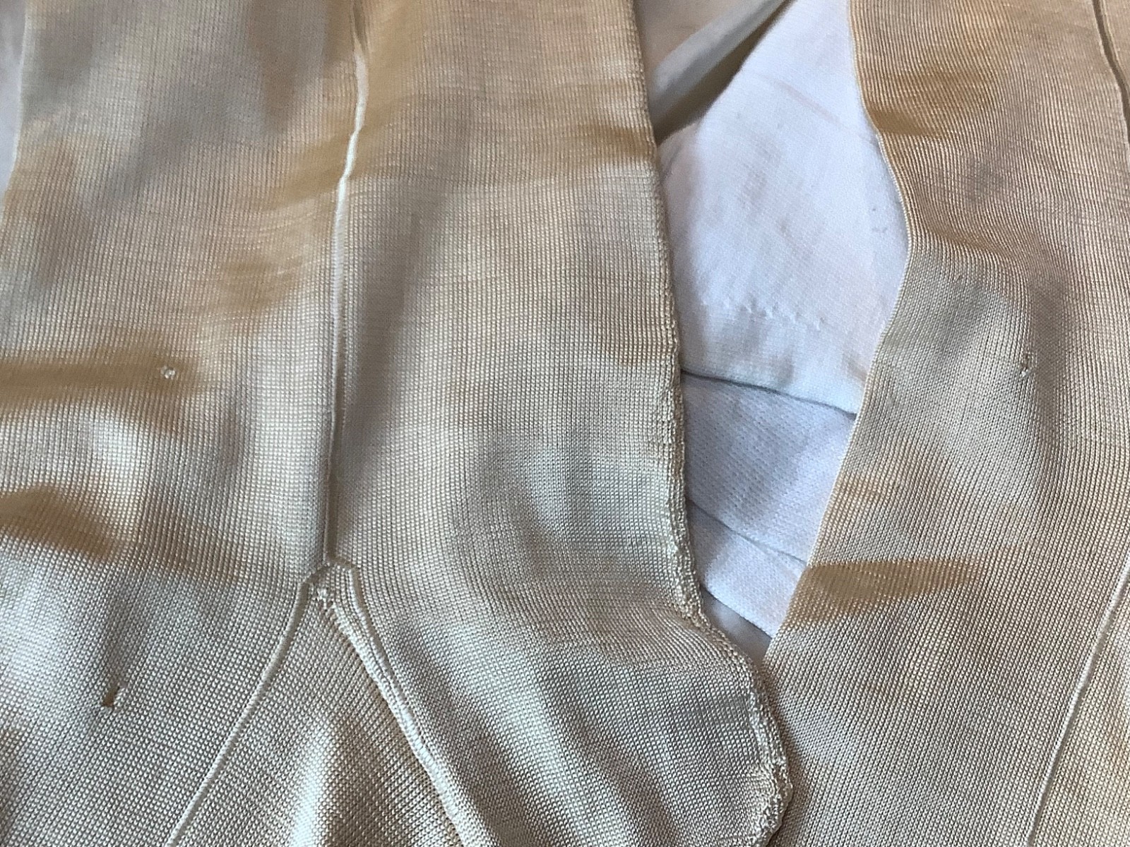 Antique silk Victorian knit Stockings ivory 10 hand sewn Monogram lisle France