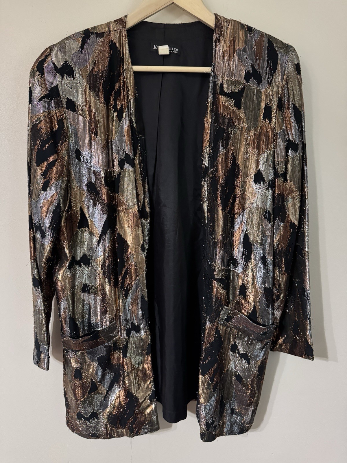 Vintage 1980s Metallic Silver Gold Bronze Black Open Front Long Jacket 13-14