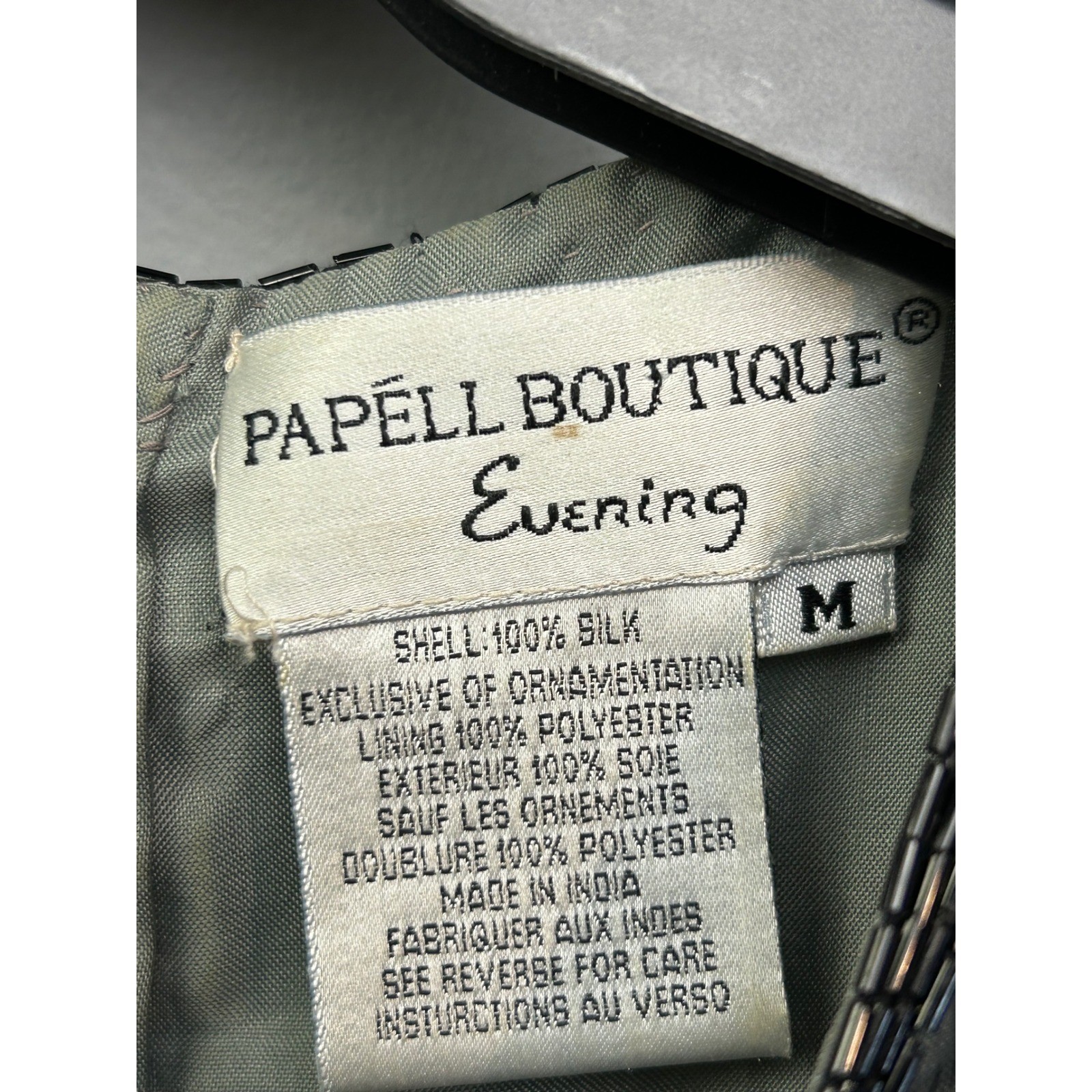 Papell Boutique Evening Top Women M Grey Silk Beaded Floral Short Sleeve Blouse
