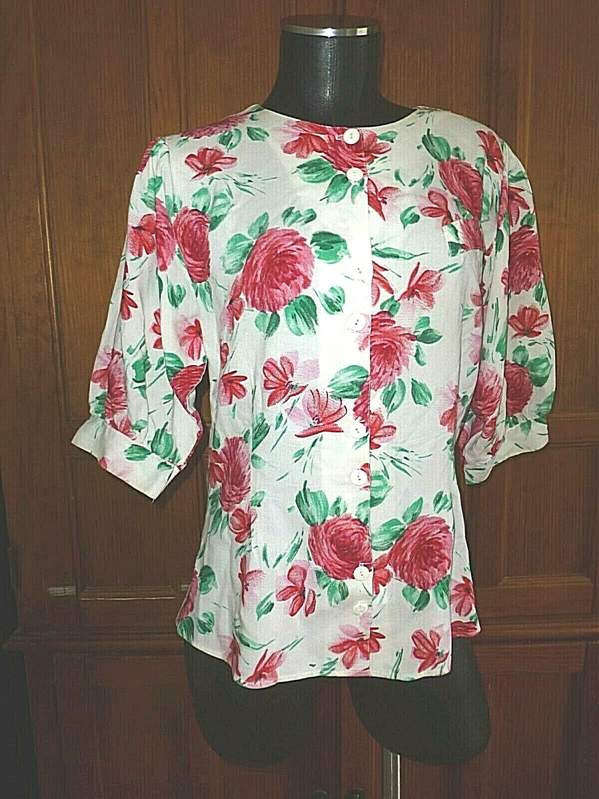 VTG 80s Watercolors Floral Print Boho Puff Sleeve Button down BLOUSE TOP sz M
