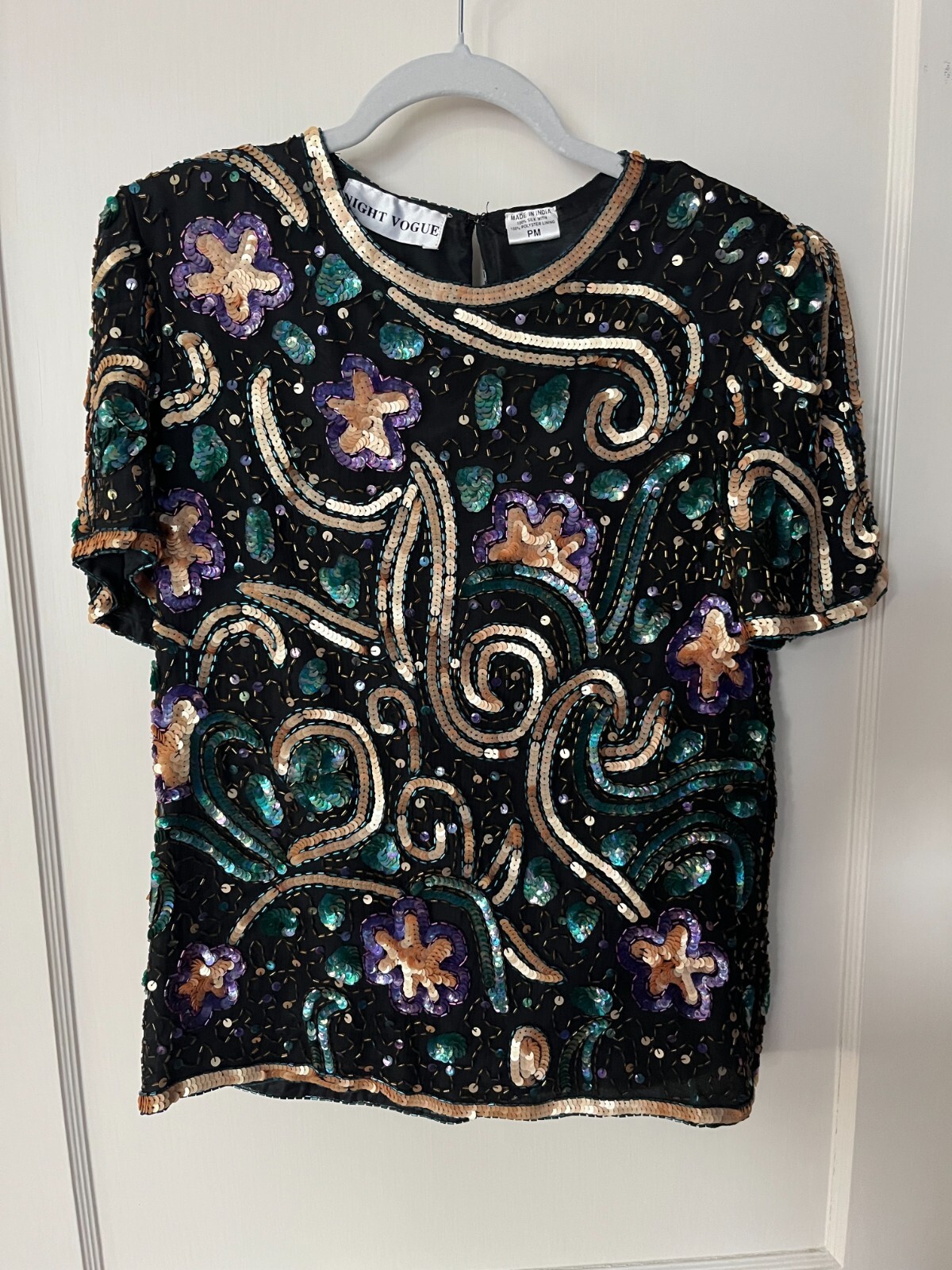 Vintage Night Vogue Sequin/Bead Top Short Sleeve Pullover 100% Silk Lined Size M