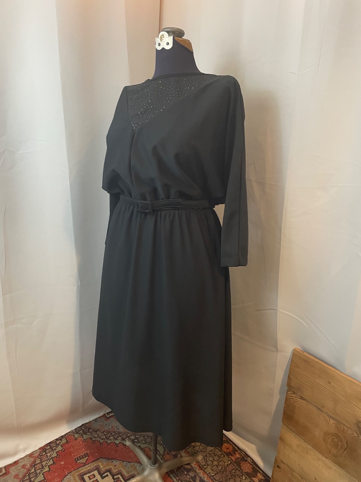 Black Glitter Sparkle Disco Party Dress 1970s Vintage with Belt 18 XL