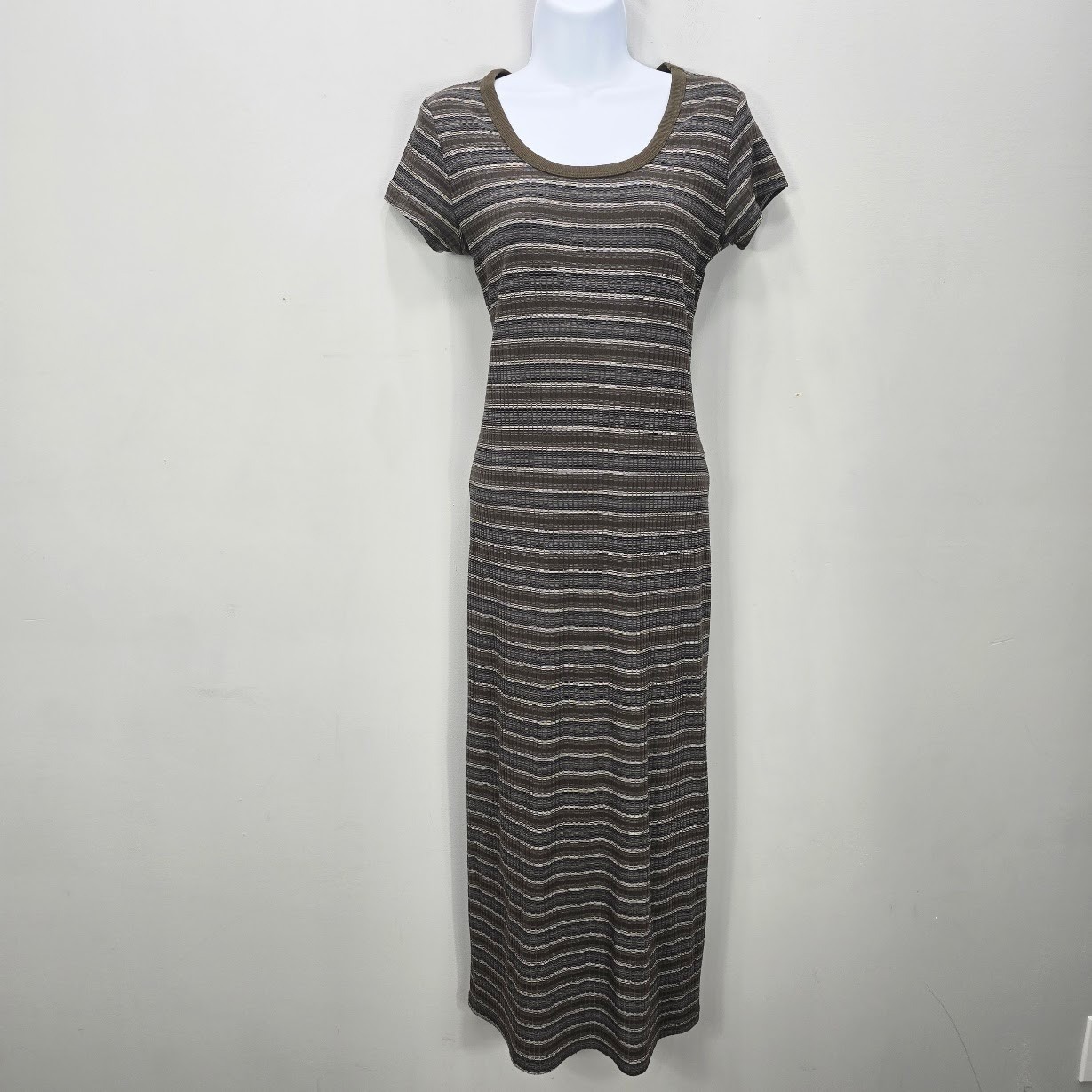 Vintage 90s No Boundaries Maxi Dress S Ribbed Brown Striped Grunge Skater