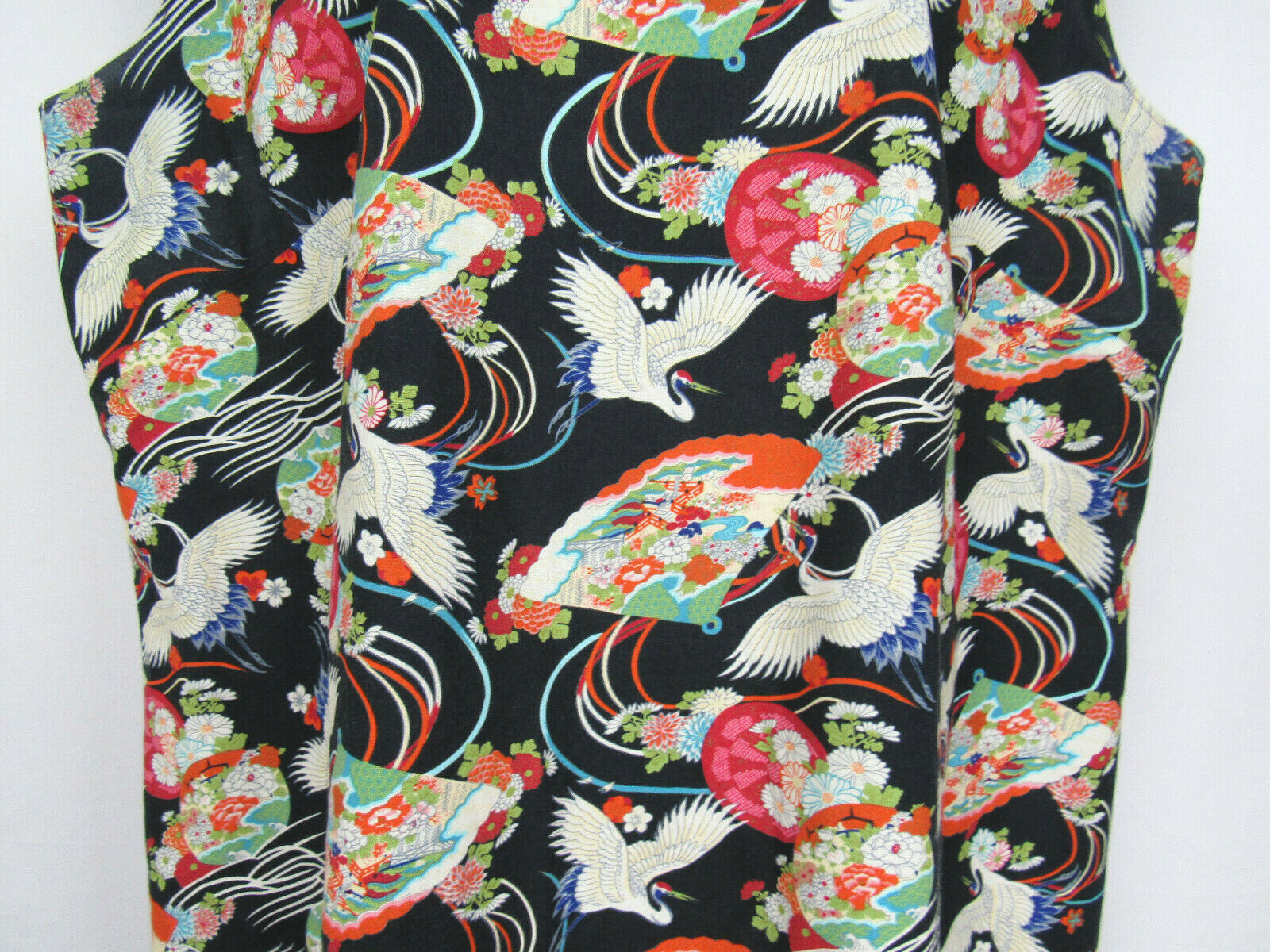 VTG 1960s 70s JAPANESE FLORAL DRESS FANS EGRETS SLEEVELESS ROPE BELT COTTON BLND