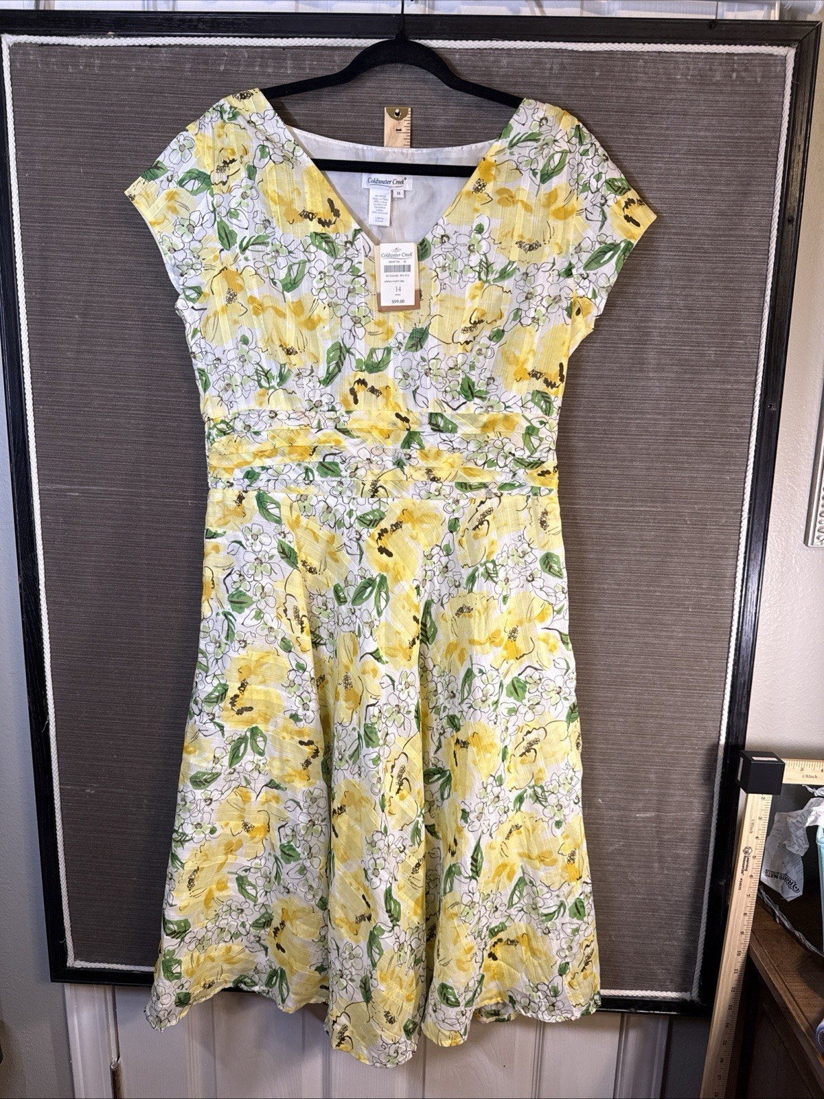 Coldwater Creek Vintage Yellow Floral Fit & Flare Lined Dress 14 Smocking NWT