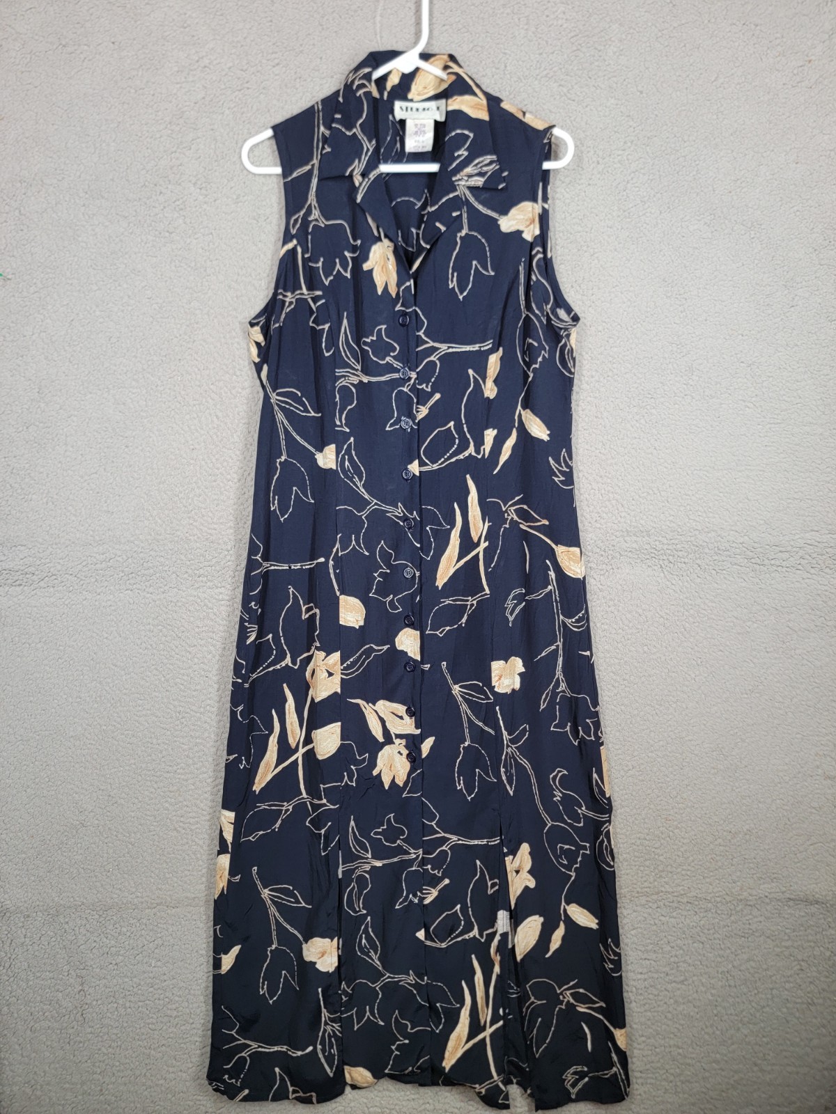 Vintage 90s Shirt Dress Size 14 Studio I Navy Blue Floral Sheath Tie Back Button