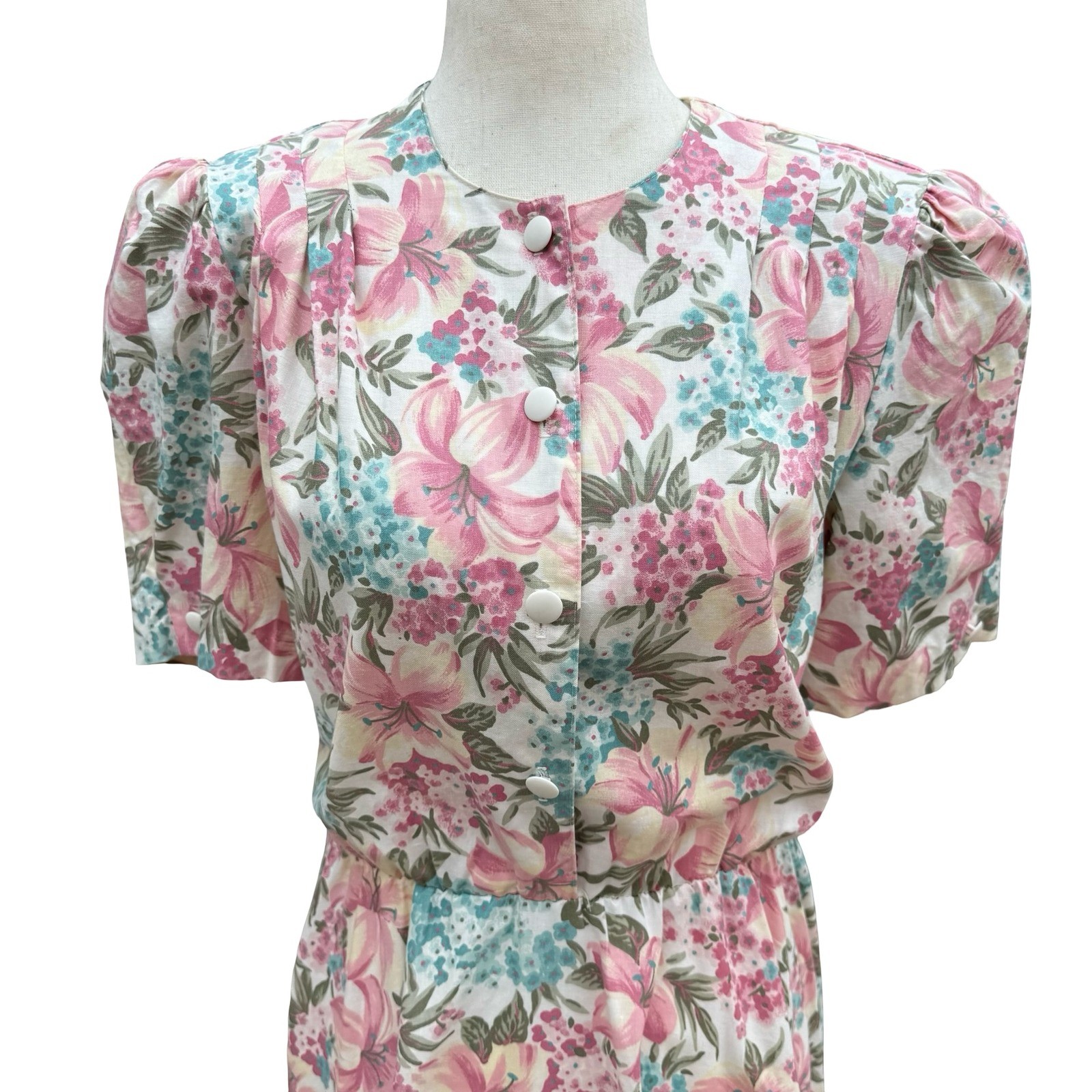 California Looks Vintage 80s Floral Midi Dress Pink Blue Cotton Petite 6P USA