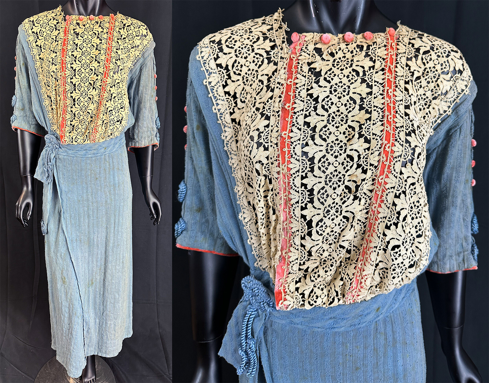 Edwardian Titanic Era Blue Striped Cotton Ivory Lace Pink Velvet Trim Dress VTG
