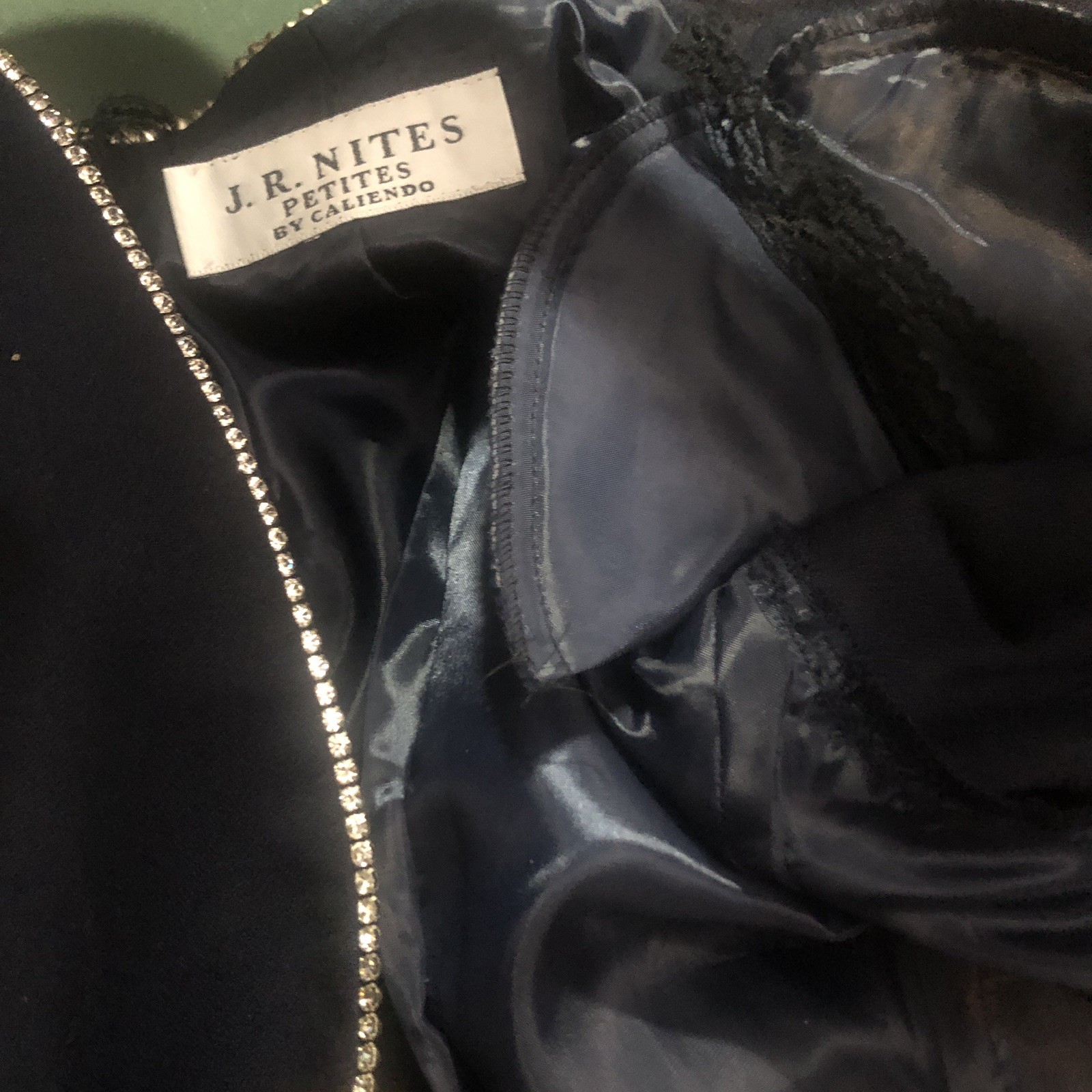 Vintage 1980s JR Nites Petites M Dress Jacket Navy Rhinestone Trim Shoulder Pads