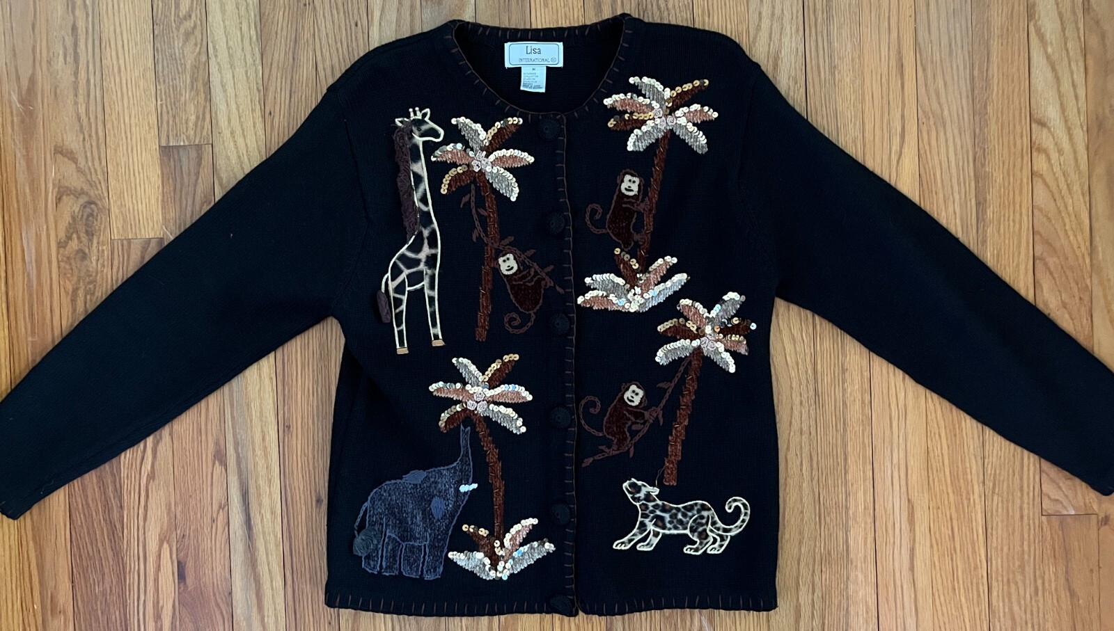 Vintage 1980s Lisa International Cardigan Sweater Sequin Jungle Animals Women M