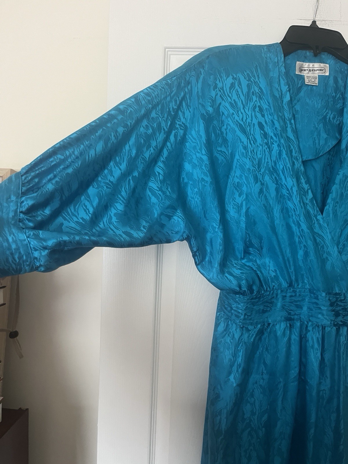 1980s Teal 100% Silk Wrap Midi Dress by Lauren Alexandra Vintage 4 approx XXS 00