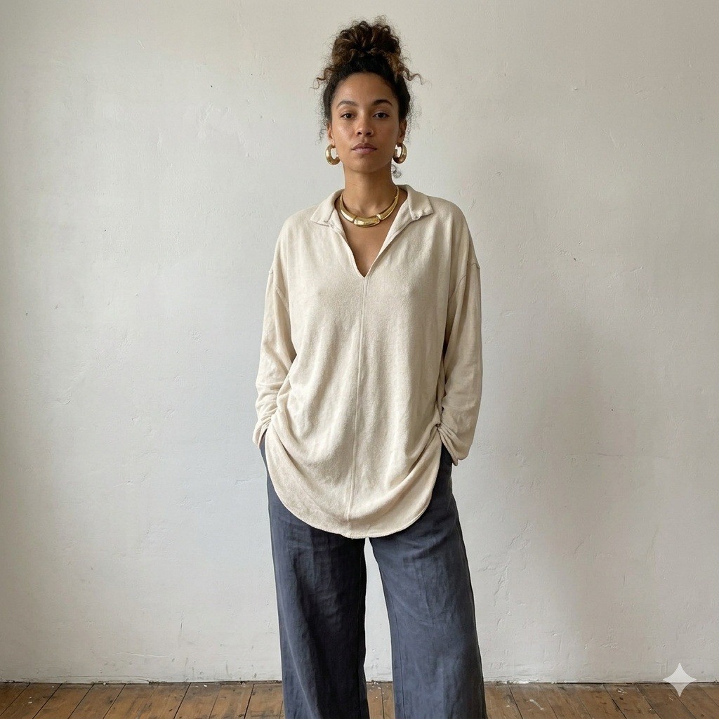 Vintage Norma Kamali Tunic Top Womens Small Cream Oversized Fleece 80s 90s