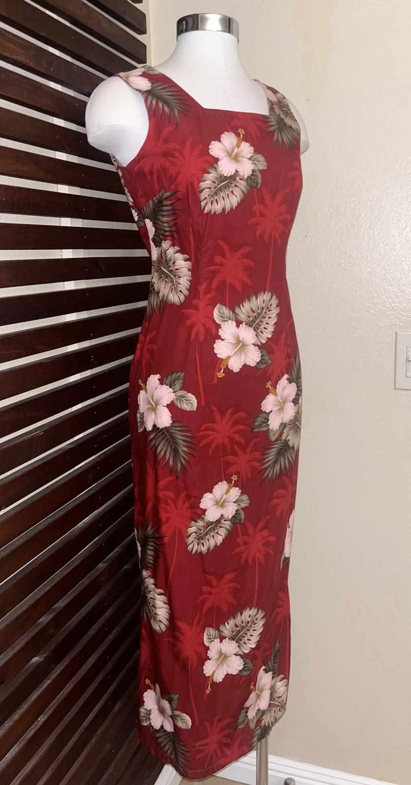 1990s 90s Vintage Red Hibiscus Floral Hawaiian Sleeveless Maxi Dress Side Slit S