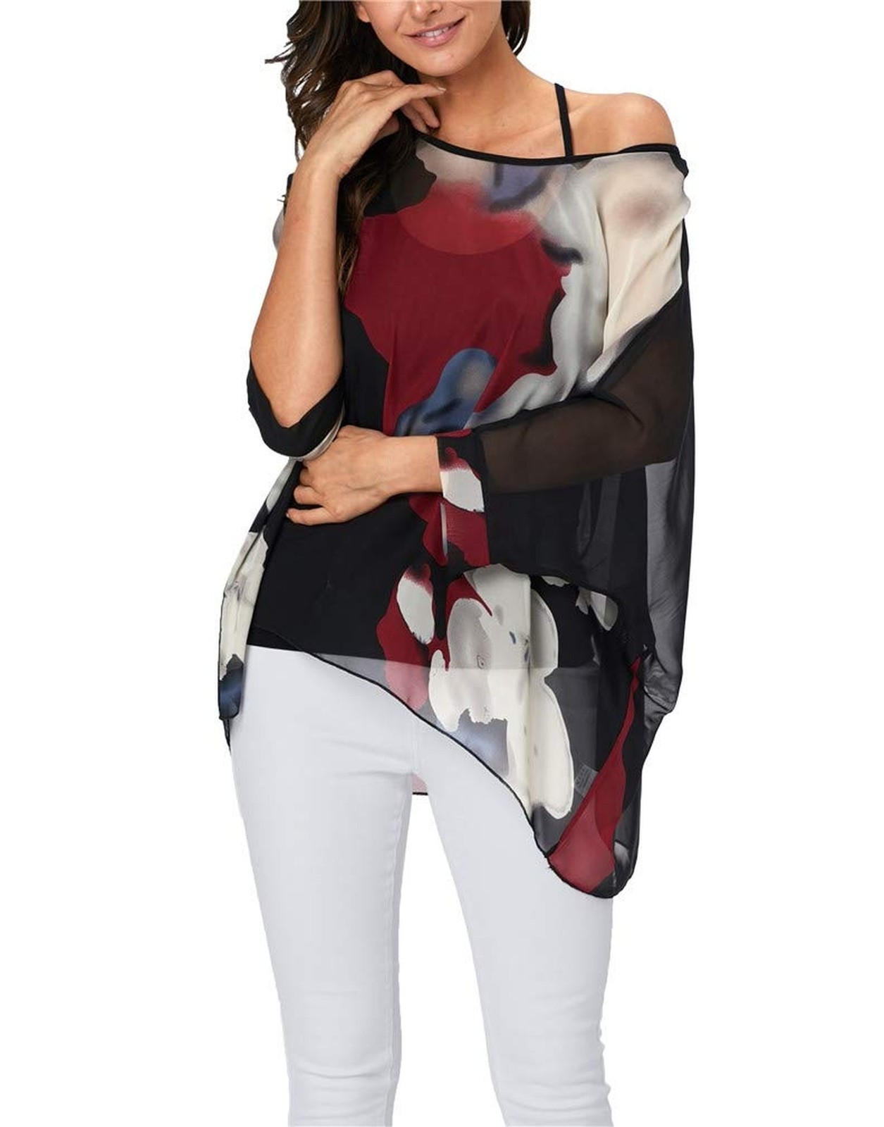 Plus Size Floral Chiffon Batwing Sleeve Tunic Blouse Boho Off-Shoulder Beach …