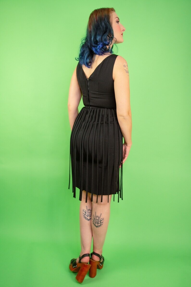 Vintage 1950s 60s Pinup Cocktail Dress Fringe Midi Pencil XS S 2 4