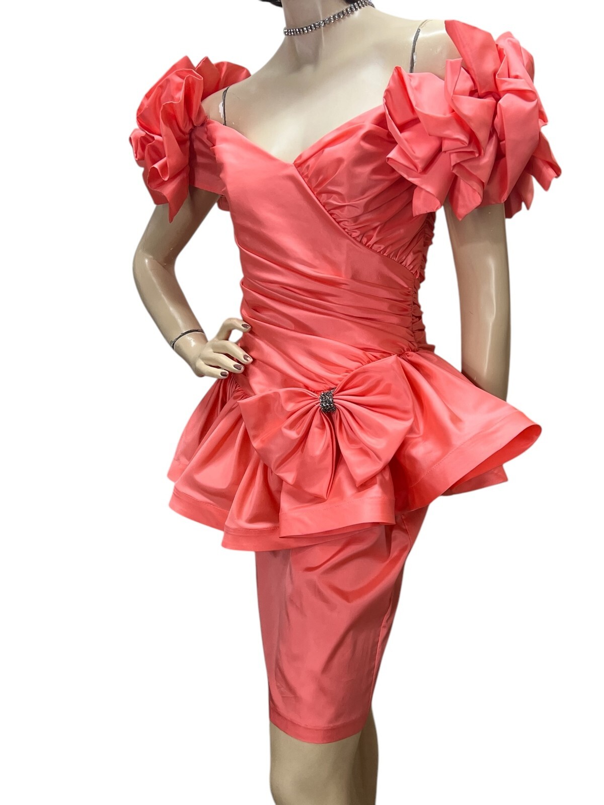 Vtg 80s Sz 4 Coral Party/Prom Mini Dress Karen Lucas Niki USA Big Bow Peplum