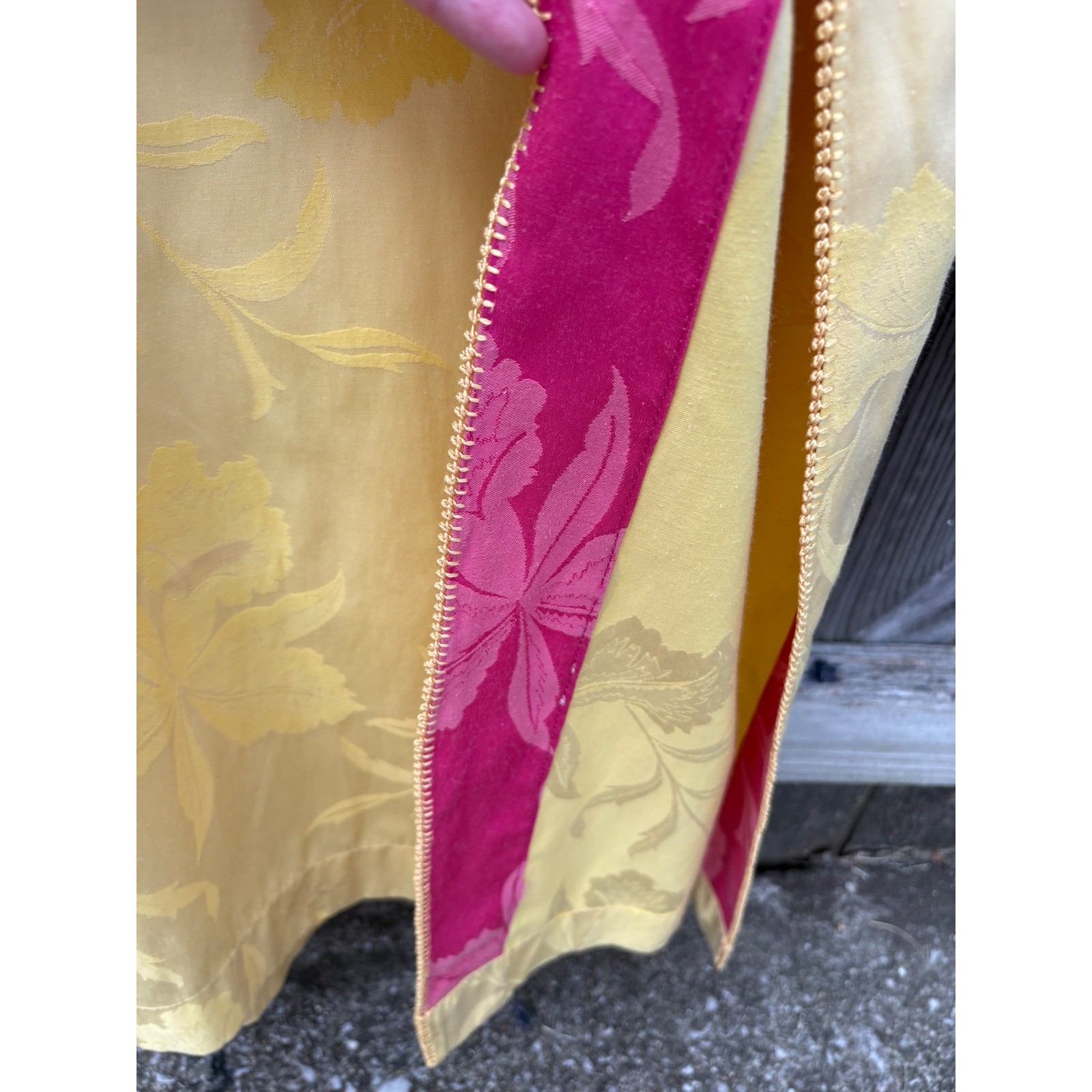 Vintage 100% Cotton Fernando Sanchez Kaftan Yellow Pink Floral Damask Robe Maxi