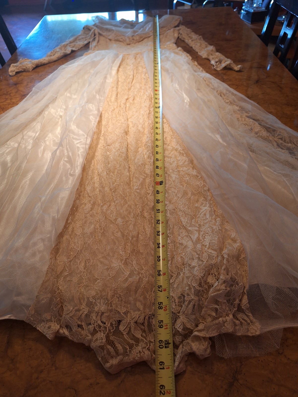 True VTG Mid-century 1950s Ivory Lace Tulle Satin Wedding Gown Dress 14 S/M MCM