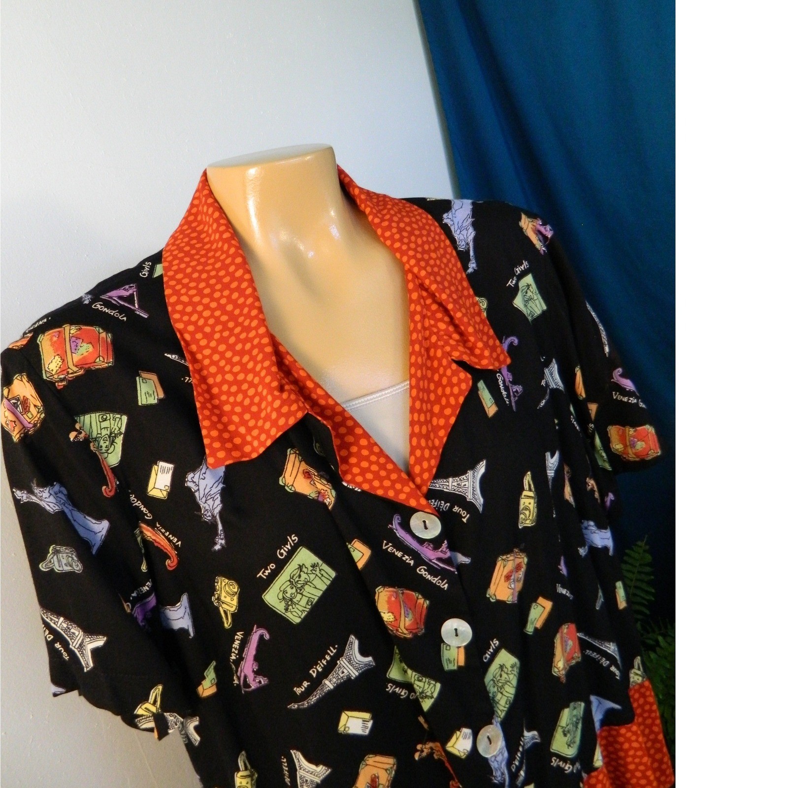 Nicole Marie Skirt Set Women XL Black Travel Novelty Print Rayon 90s Vintage USA