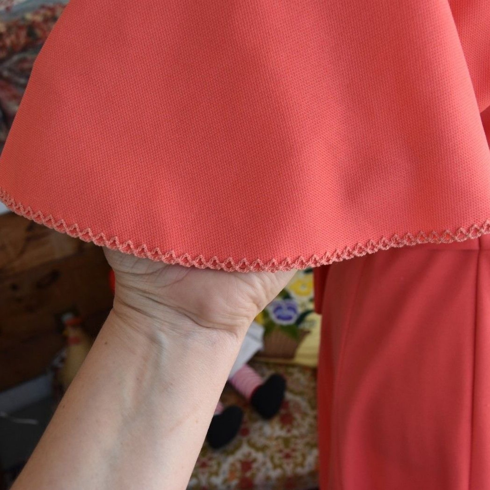 Vintage 70s Coral Hostess Gown Maxi Dress Empire Waist Flutter Sleeve L