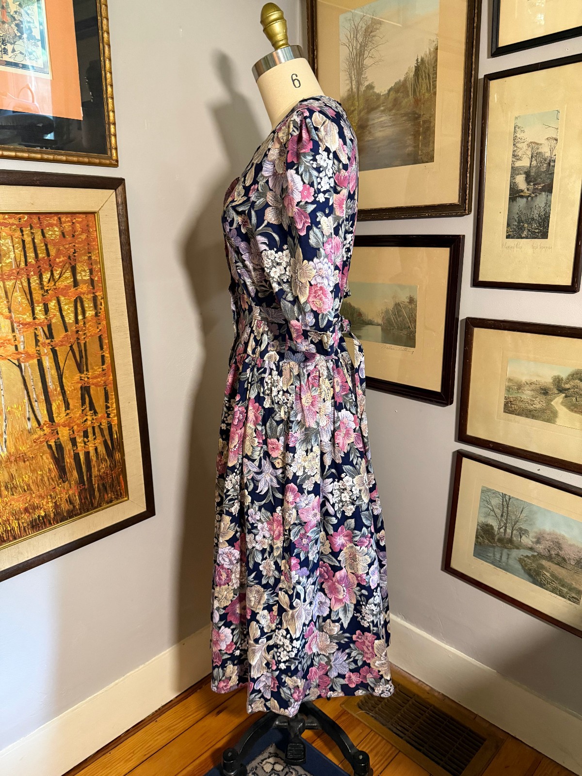 Vintage 80s-90s Jodi Michaels navy floral basque waist dress US7
