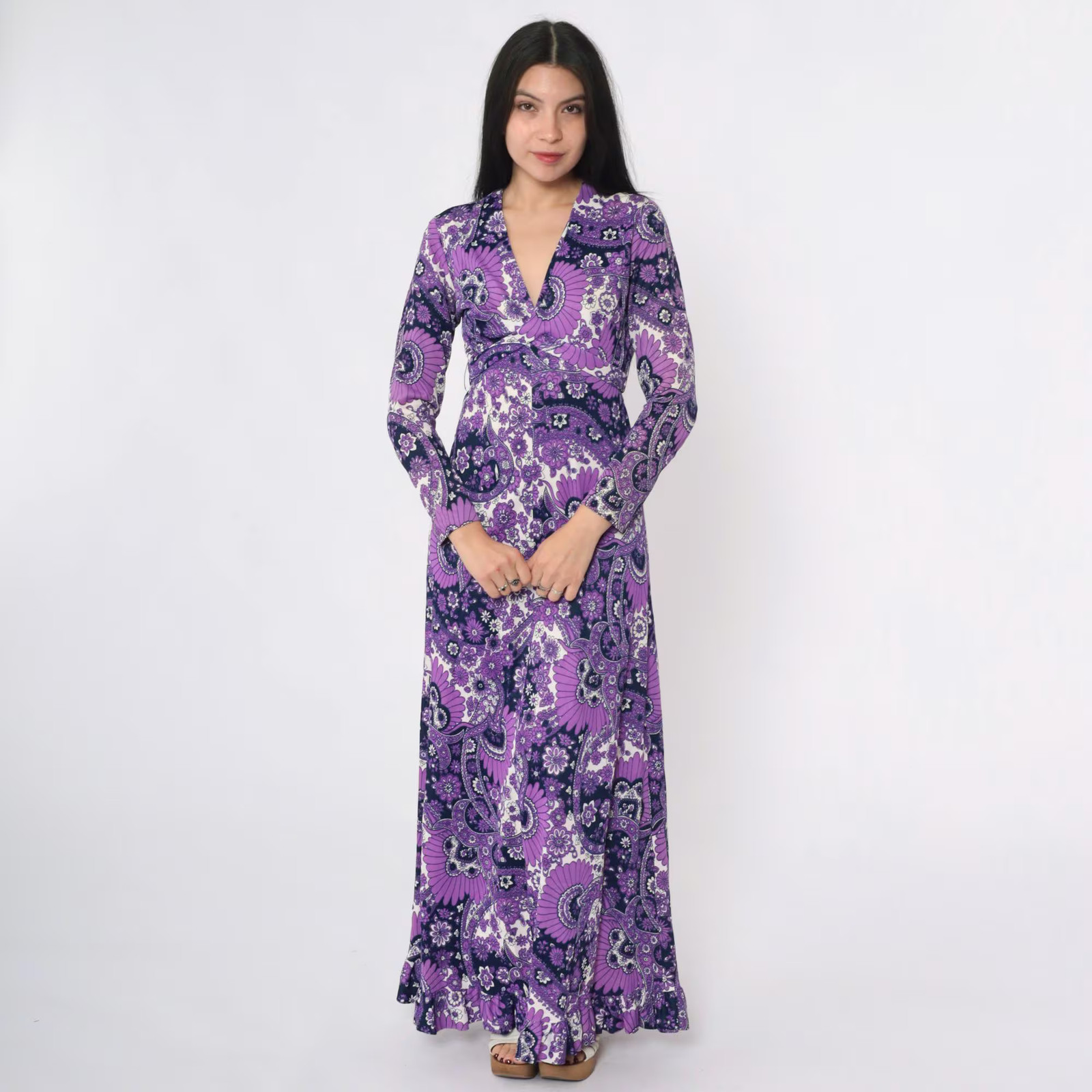 70s Psychedelic Maxi Dress Vintage Purple Paisley Floral Print Bohemian Gown V N