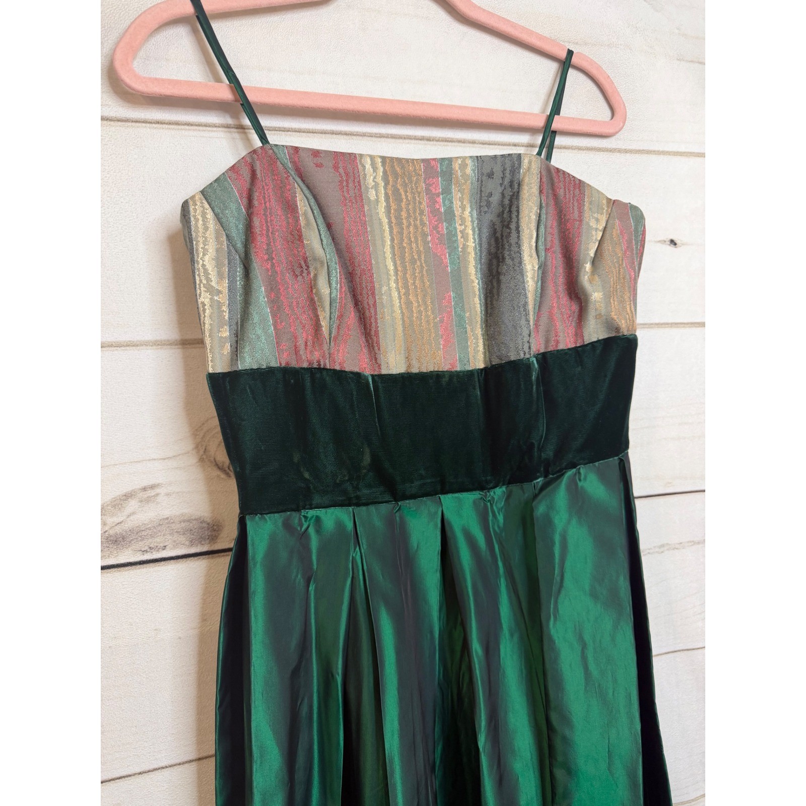 Vintage ILGWU Green Taffeta Brocade Velvet Formal Evening Gown Dress Size 12