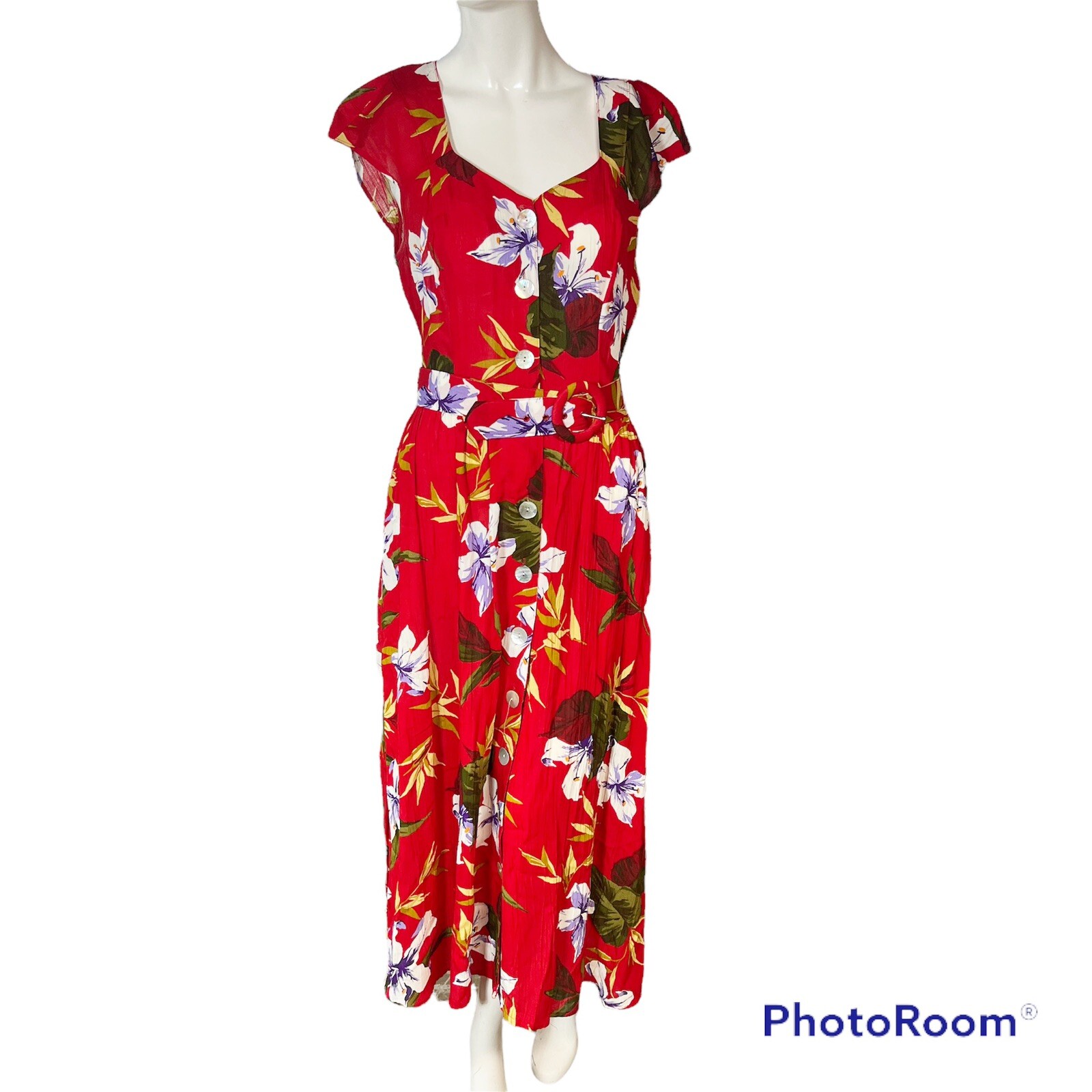 Vtg Hawaiian Dress Size 10 Red Floral Maxi Vacation Belted Retro 70s Glam Pinup
