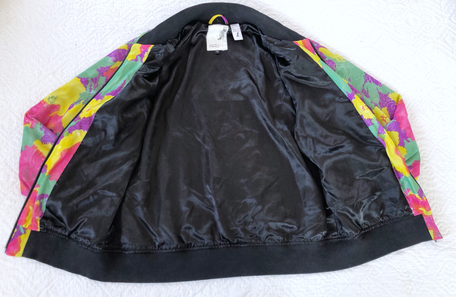 Vintage Hellz Bellz 80s 90s Sz L Pink Purple Green Floral Zip Up Bomber Jacket