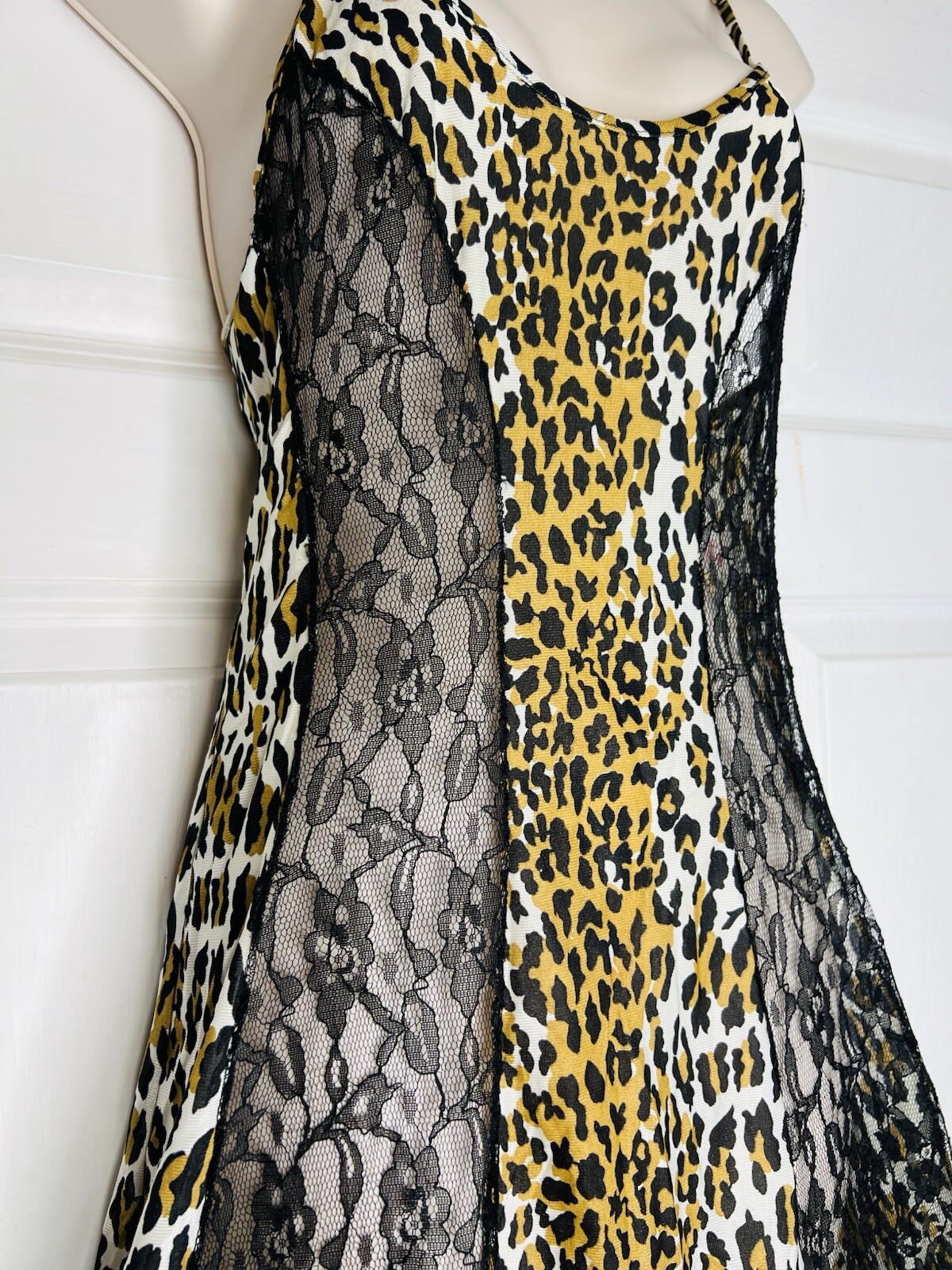 Vtg SEXY Leopard & Black Semi Sheer Lace Panels SMALL Long Negligee Nightgown