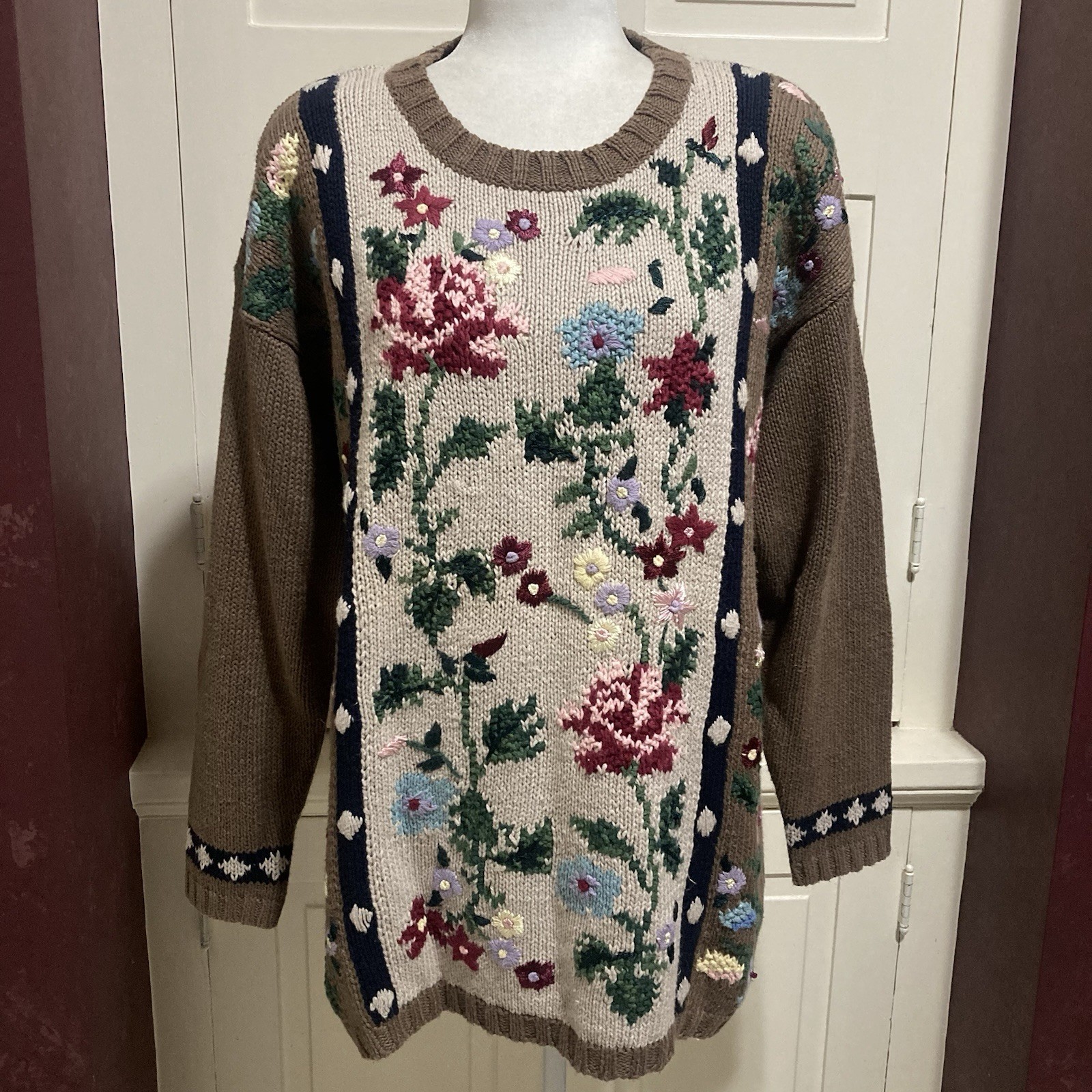 Vintage Paul Harris Design Multicolor Knitted Flower Floral Long Sweater Size S