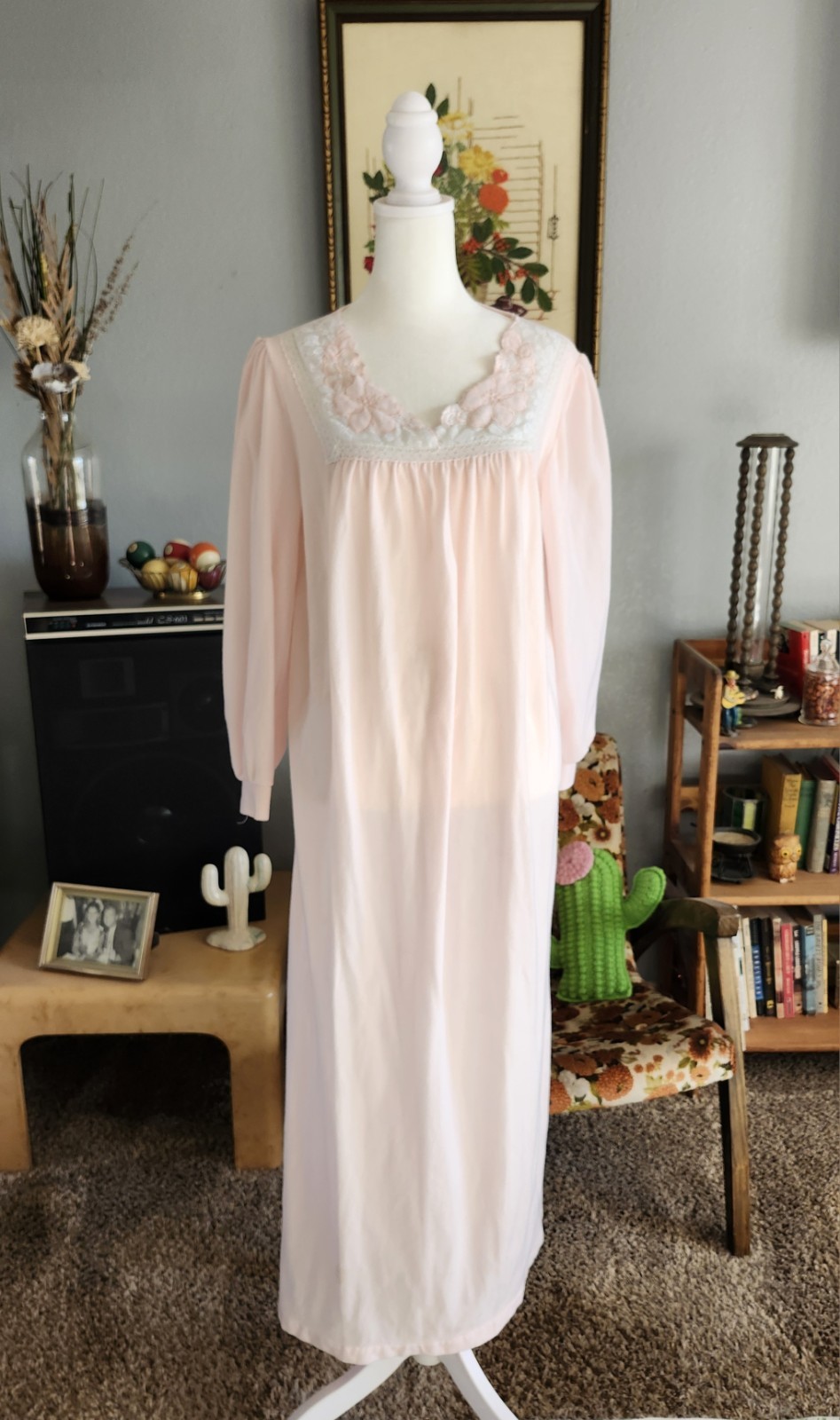 Vintage Fleece Nightgown Pink Damea Long Sleeve Size M Made in USA