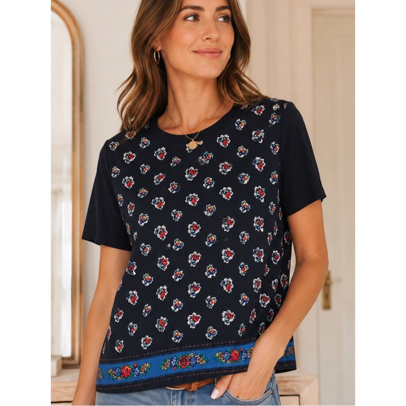 Tory Burch 100% Silk & Merino Wool Ditsy Floral Folk Art Border Top Size L