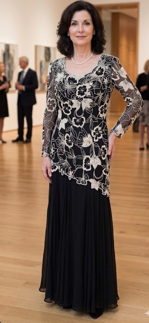 Vintage Lillie Rubin Silk Beaded Sequin Floral Appliqué Formal Gown