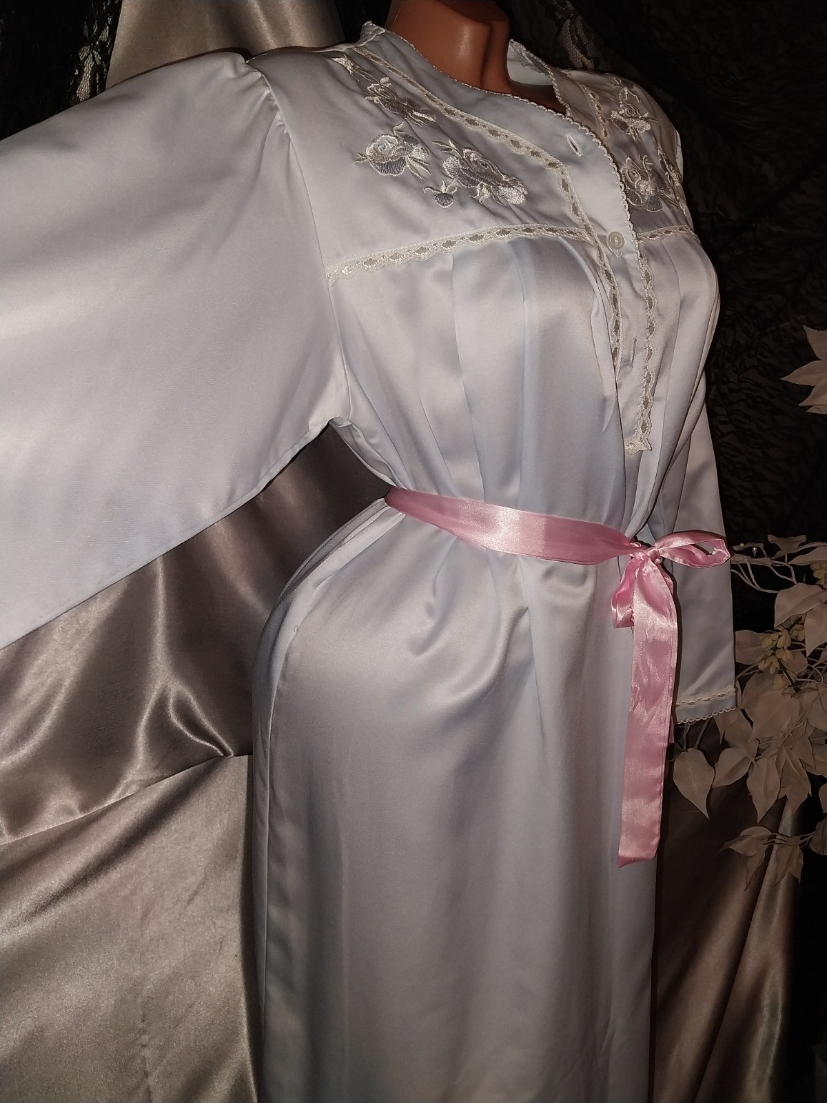 VTG SATIN shiny miss elaine baby blue Anastasia Poets Pullover Robe Nightgown M