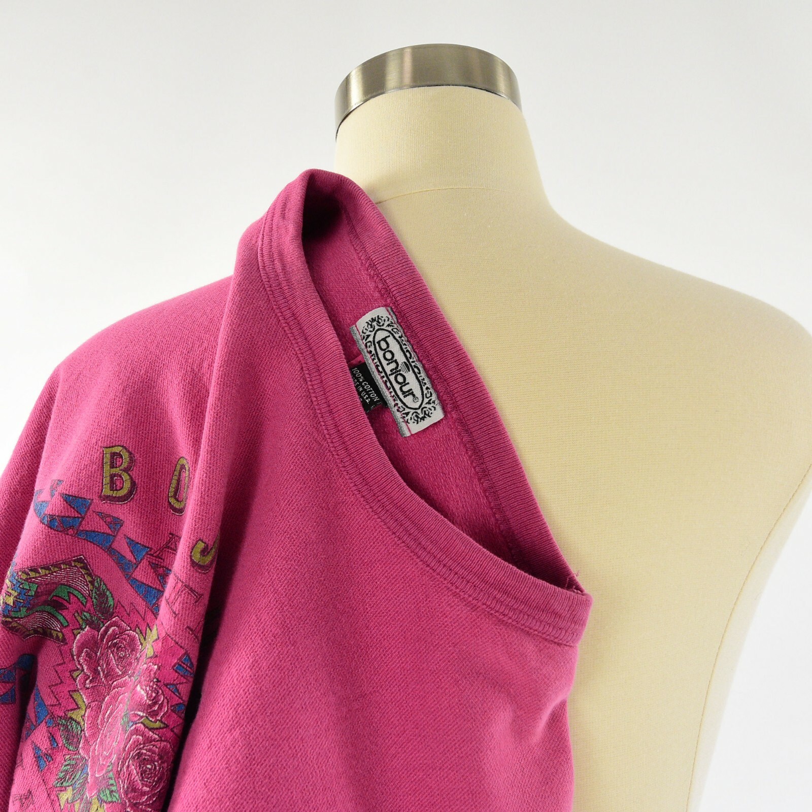 80s Vintage Pink Graphic Print Sweatshirt Top Womens One Size Bonjour