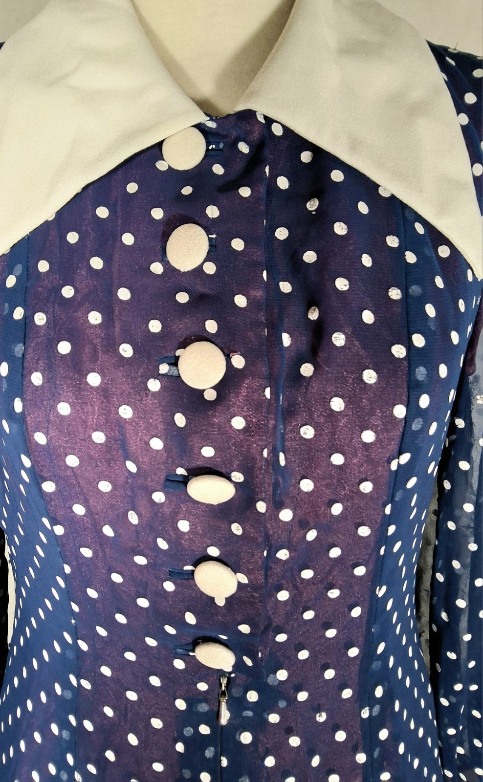 Vtg 70s Blue And White Polka Dots Chifon Long Maxi Dress Korean Tailor Shop Sz S