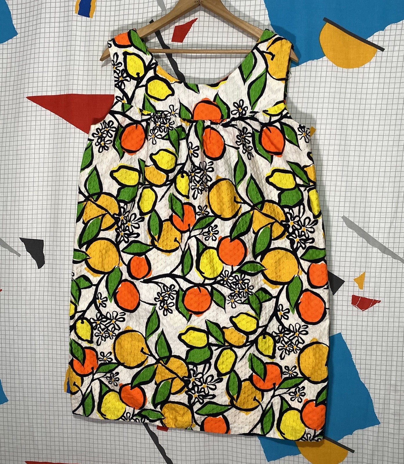 Vintage 60s Fruit Shift Dress Hawaii Mod Gogo Large Cotton Novelty Lemon Orange