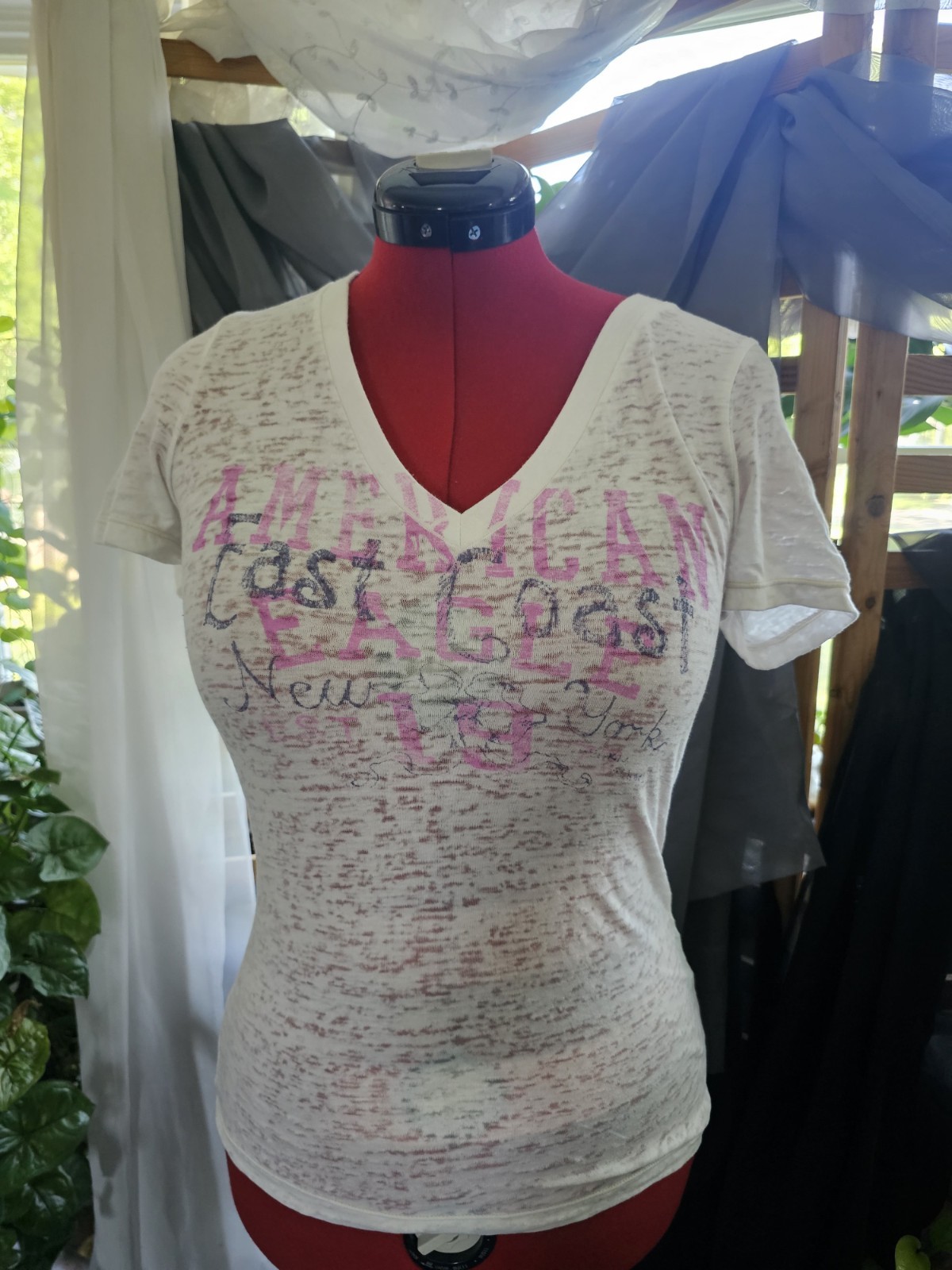 vintage y2k womens top American Eagle Outfitters distressed v-neck white
